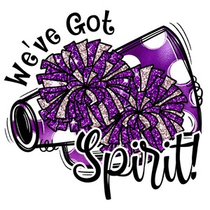 Op de afbeelding: Paarse en witte glitter cheerleading pom poms met een paarse en witte stippen megafoon met de tekst "We've Got Spirit!"