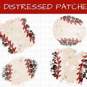 May include: Four distressed patches featuring a baseball design with a leopard print pattern. The patches are in a beige and brown color scheme with red stitching.