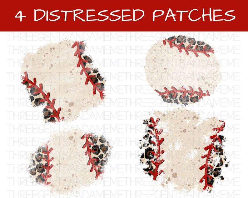 May include: Four distressed patches featuring a baseball design with a leopard print pattern. The patches are in a beige and brown color scheme with red stitching.