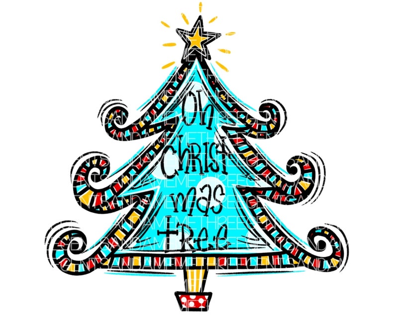 May include: A whimsical blue Christmas tree with a yellow star on top and the text "Oh Christmas Tree" in black and white lettering. The tree is decorated with red, yellow, and black swirls.