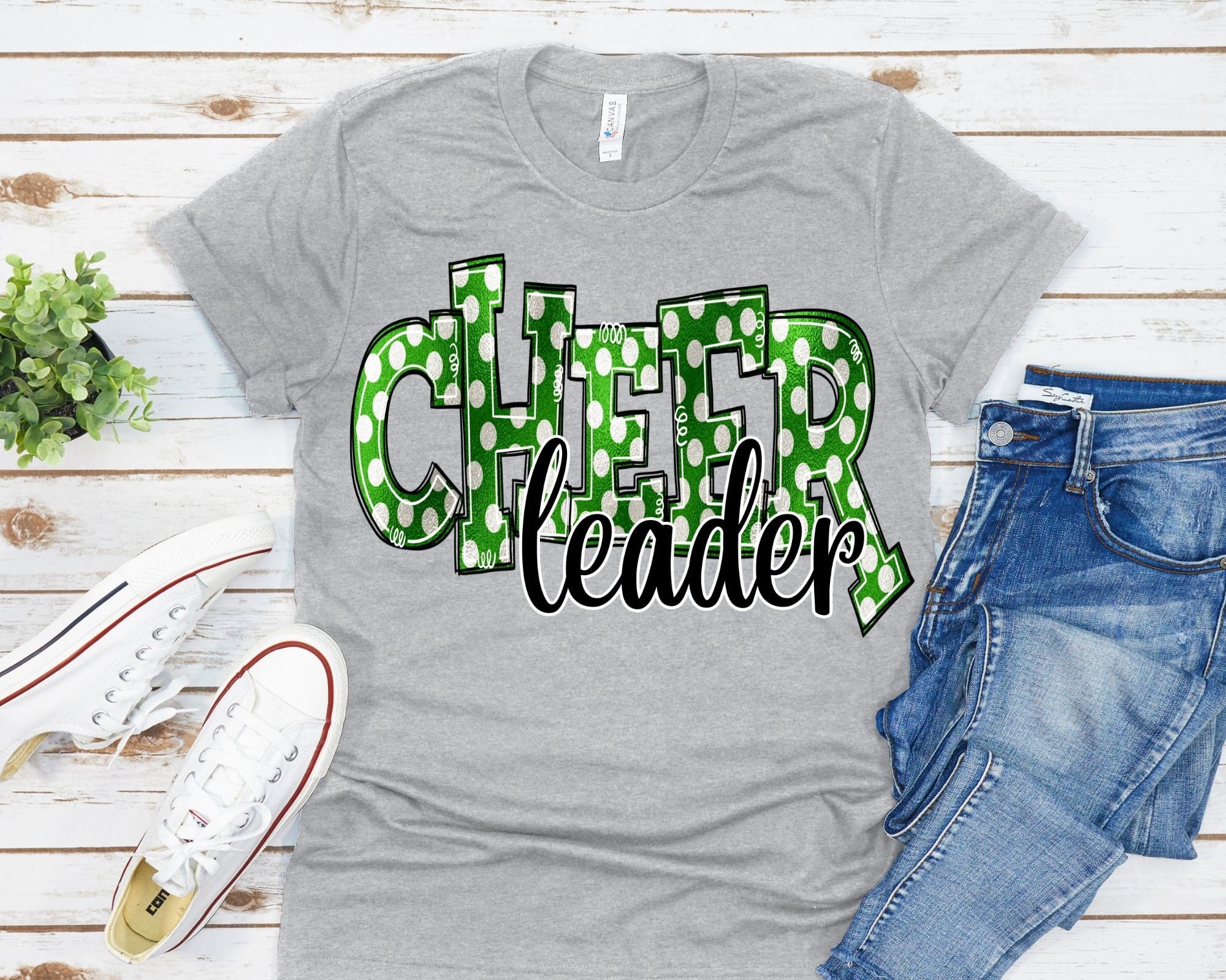 Green and Silver Cheerleader Png, Polka Dots Cheerleader Png 