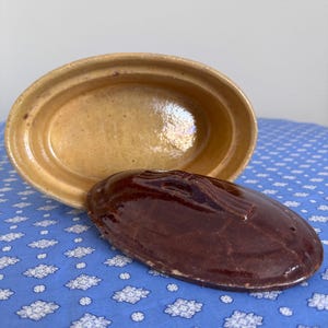 Vintage French Glazed Terrine Dish with Lid - Two-tone Stoneware - Rustic Oven-to-Table Serve Ware
