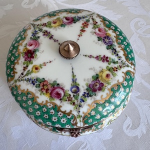 Antique French Sevres-Style Porcelain Dresser Box - Hand-Painted Floral With Patinated Bronze Mounts - c 1900