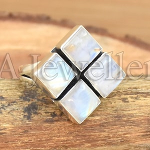 Handmade Moonstone Ring: 925 Sterling Silver, Four Square Stone