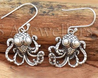 Octopus Tentacle Earrings, Boho Pearl Earrings, 925 Sterling Silver Ring, Handmade Earrings, Octopus Jewelry, Unique Earrings, Gift For Her