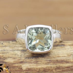 Green Amethyst Ring: Dainty Cushion Cut 925 Sterling Silver