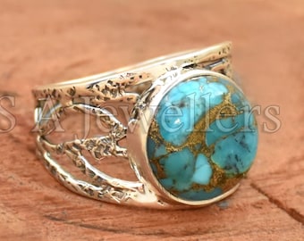 Handmade Blue Copper Turquoise Ring: Hammered Sterling Silver