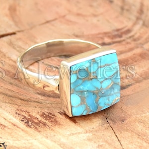 Anillo de turquesa y cobre azul, piedra cuadrada de 12 mm, anillo de plata de ley 925, anillo de banda martillada, joyería hecha a mano, anillo para uso diario, regalo para ella
