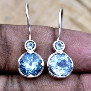 Blue Topaz Earring, 925 Sterling Silver Earring, Handmade Silver Earring, Round Gemstone Earring, Statement Earring Handmade Jewelry For Her