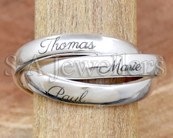 Sterling Silver Triple Interlocked Rolling Ring: Engraved Multi Band Statement Ring