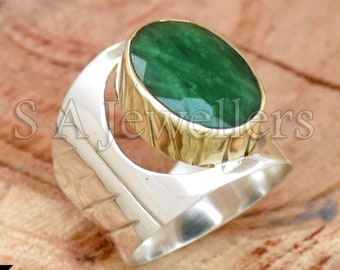Handmade Sterling Silver Ring: Two-Tone Wide Band with Lab Emerald