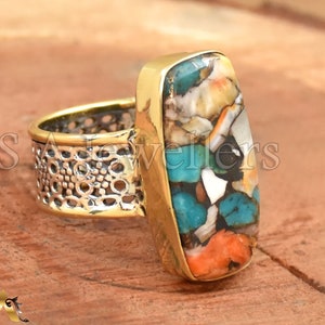 Oyster Copper Turquoise Ring 925 Sterling Silver Ring, Handmade Designer Band Ring, Bohemian Ring, Two Tone Ring, Handmade Ring Gift For Her