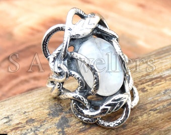 Anello serpente d'argento, anello pietra di luna, anello in argento sterling 925, anello fatto a mano, anello Boho, anello doppio serpente, regali di gioielli arcobaleno bianco