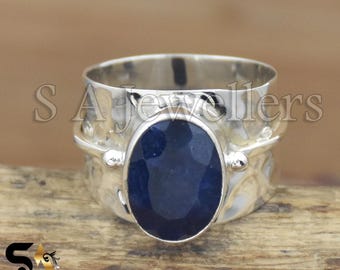 Handmade Oval Sapphire Ring: Wide Band 925 Sterling Silver