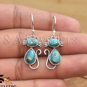 Pendientes de gato de plata, pendientes de turquesa y cobre azul, pendientes de plata de ley 925, pendientes hechos a mano, pendientes de piedra azul, regalo para hija