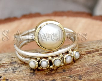 Natural Pearl Ring, Wire Wrap Ring, 925 Sterling Silver Ring, Pearl Solitaire Five Stone Silver Ring, Two Tone Ring, Fresh Water Pearl Ring