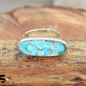 Handmade Blue Copper Turquoise Sterling Silver Ring: Oval Horizontal Design