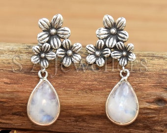 Moonstone Earrings, Flowers Design Earrings, 925 Sterling Silver Earring, Handmade Earrings, Dangle and Drop Earrings, White Rainbow Earring