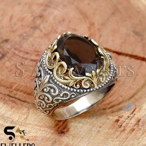 Natuurlijke rookkwartsring: tweekleurig 925 sterlingzilver, boho-ring messing