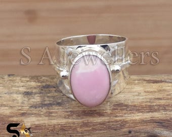 Hammered Sterling Silver Pink Opal Ring - Wide Band Statement Ring