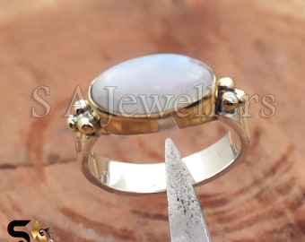 Anello arcobaleno con pietra di luna, anello bicolore, anello in argento massiccio 925, anello in ARGENTO/OTTONE, anello ovale lungo con pietra di luna, anello delicato con pietra di luna