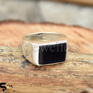 Handmade Black Onyx Ring: 925 Sterling Silver, Rectangle Stone