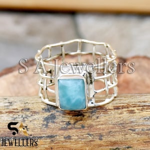 Natural Larimar Ring, 925 Sterling Silver Ring, Unique Ring, Handmade Ring, Dominican Republic Larimar Ring, Wedding Ring, Gift For Her