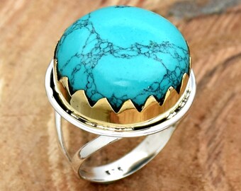 Blue Turquoise Ring, 925 Sterling Silver Ring, Handmade Ring, Two Tone Ring, Wedding Ring, Bohemian Ring, Round Gemstone Ring, Gift For Her