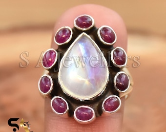 Handgemachter Mondstein Rubin Ring: 925 Sterling Silber Jubiläumsring