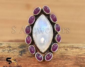 Handgefertigter Marquise-Ring aus 925er Silber, Rubin und Mondstein