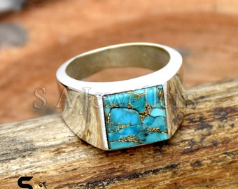Blue Copper Turquoise Ring, 925 Sterling Silver Ring Turquoise Men's Ring, Statement Ring, Copper Turquoise Ring, Bohemian Ring Gift For Him