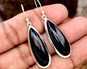 Black Onyx Earring, 925 Sterling Silver Earring, Pear Gemstone Earring, Black Onyx Dangle Drop Earrings, Designer Earring, Dainty Earrings.