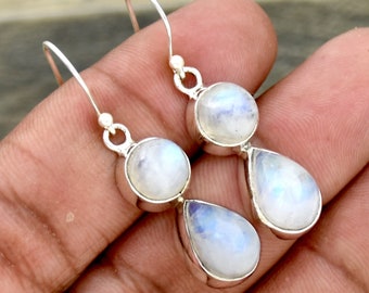 Natural Moonstone Earrings, 925 Sterling Silver Earring, Two Stone Earrings, Handmade Silver Earring, Dangle Earrings, White Rainbow Earring