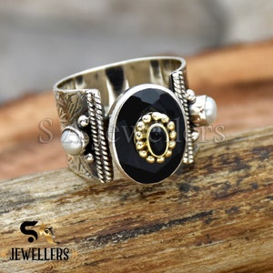 Black Onyx Sterling Silver Ring: Inlaid Pearl, Handmade Flower Jewelry