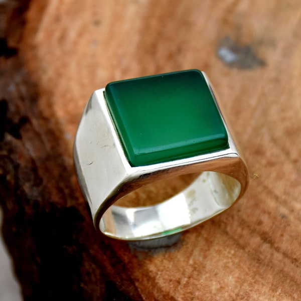Grüner Onyx Ring, Herrenring, 925 Sterling Silber Ring, handgemachter Ring, quadratischer Stein Ring, Ehering, Boho Ring, Geburtstagsgeschenk für sie