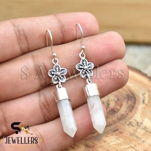 Pendientes de piedra lunar, piedra preciosa con punta de lápiz, pendientes de plata de ley 925, pendientes hechos a mano, joyas de boda, pendientes de torre de cristal para regalo