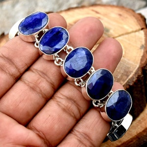 Indian Blue Sapphire Bracelet, 925 Sterling Silver Bracelet, Handmade Bracelet, Faceted Blue Sapphire Oval Gemstone Bracelet, Gift For Her