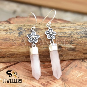 Pendientes de cuarzo rosa, piedra preciosa tallada a lápiz, pendientes de plata de ley 925, pendientes modernos, pendientes de lápiz, pendientes de aniversario, regalo para ella