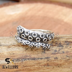 Oxidized Sterling Silver Octopus Tentacle Ring - Adjustable Handmade Jewelry