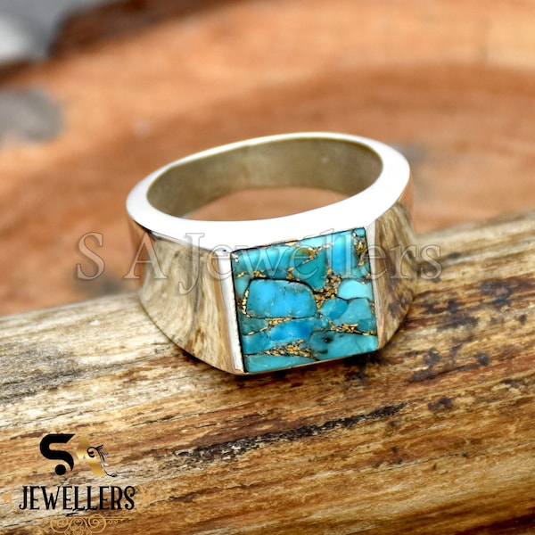 Bague turquoise en cuivre bleu, bague en argent sterling 925, bague turquoise pour hommes, bague de déclaration, bague turquoise en cuivre, cadeau de bague Boho pour lui