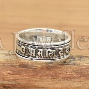 925 Sterling Silver Pattern Embossed Six Character Mantra Ring, Exquisite Buddhist Wide Version Ring, Tibetan Amulet Ring, Spinner Ring