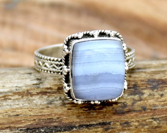 Blue Lace Agate Ring Cabochon Gemstone Split Band Ring 925 Sterling Silver Ring Statement Ring Handmade Ring Cushion Gemstone Ring
