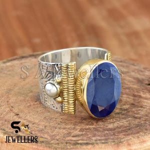 Blue Sapphire & Pearl Ring: Sterling Silver Wide Band