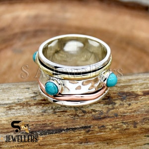 Turquoise Spinner Ring: Handmade 925 Sterling Silver, Brass & Copper