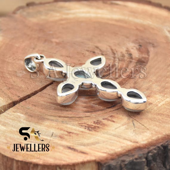Pendentif Croix Grecque Argent 925 Avec 5 Pierres De Lune - Neuf étiqueté