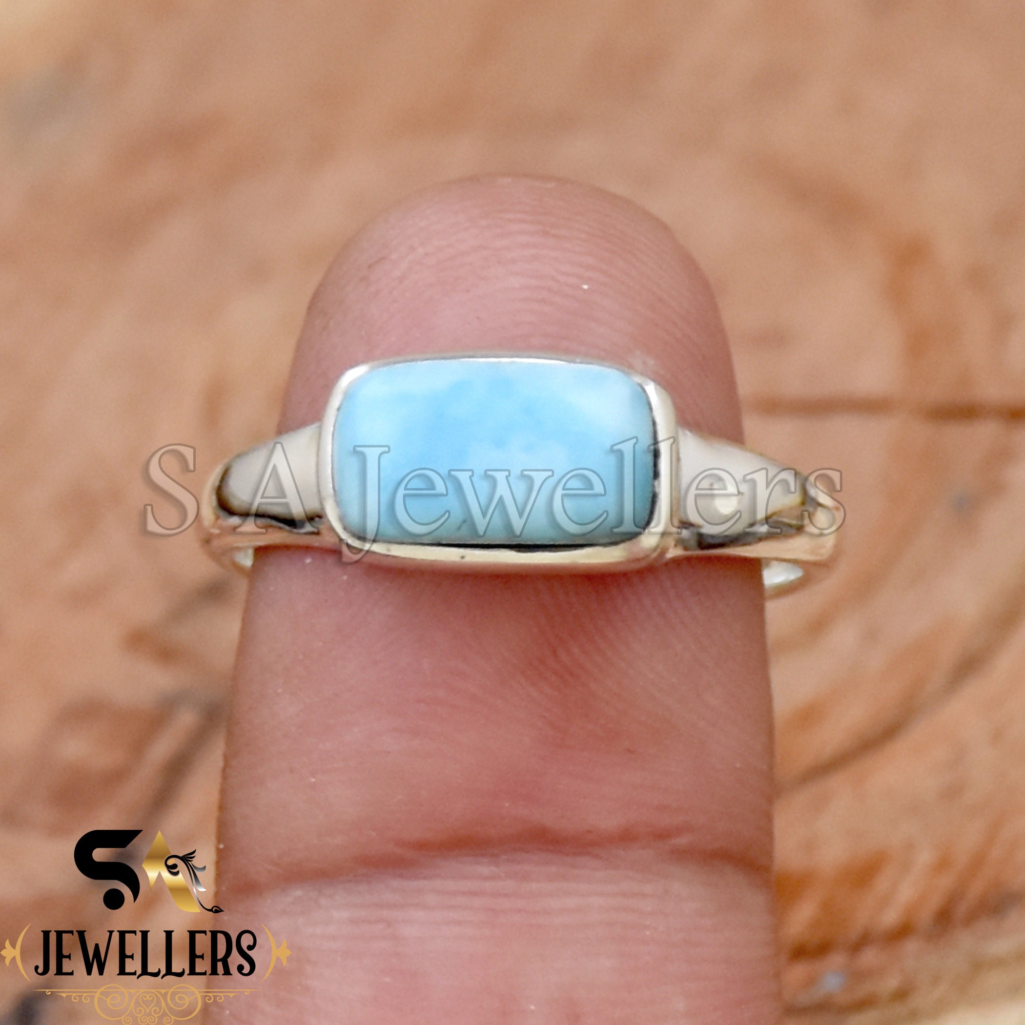 天然ラリマーリング：925スターリングシルバーバーシグネット