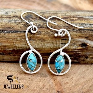 Blue Copper Turquoise earring, 925 Sterling Silver dangle earrings, Handmade Earring, Marquise Gemstone, Statement Earring, Gift For Her