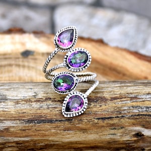 Mystic Topaz Sterling Silver Ring: Adjustable Bohemian Statement Ring