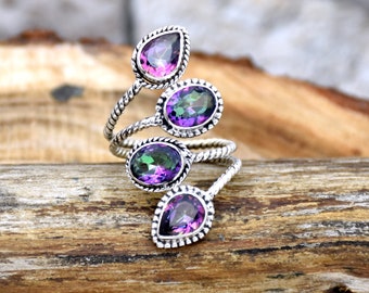 Mystic Topaz Ring, 925 Sterling Silver Ring, Statement Ring, Adjustable Ring, Bohemian Ring Multi Colour Ring Anniversary Ring, Gift For Her