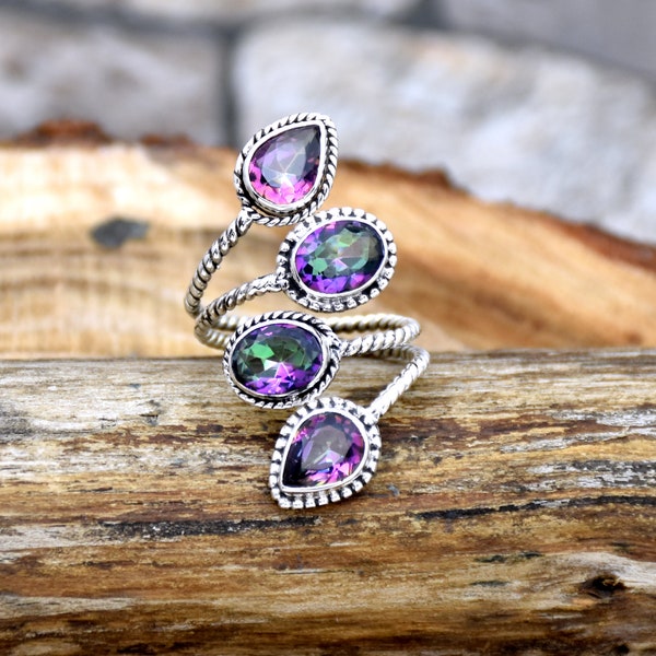 Mystic Topaz Ring, 925 Sterling Silver Ring, Statement Ring, Verstelbare Ring, Boho Ring Multi Color Ring Anniversary Ring, Cadeau voor haar